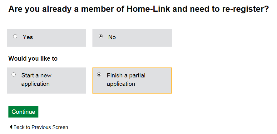 Screen shot showing Question to select to complete a partial application